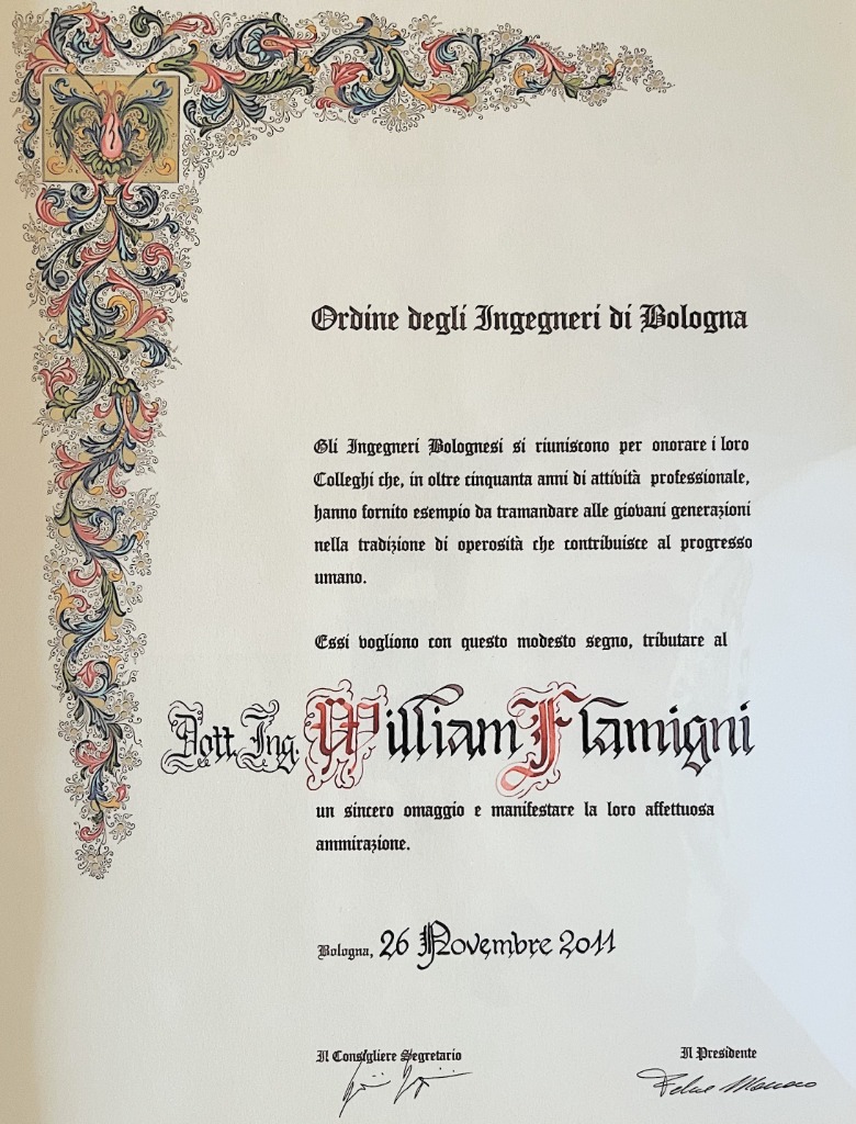Attestato Ordine degli Ingegneri di Bologna - Dott. Ing. William Flamigni