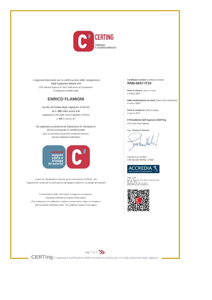 Certificato CERTing Advanced Materiali - Ing. Enrico Flamigni