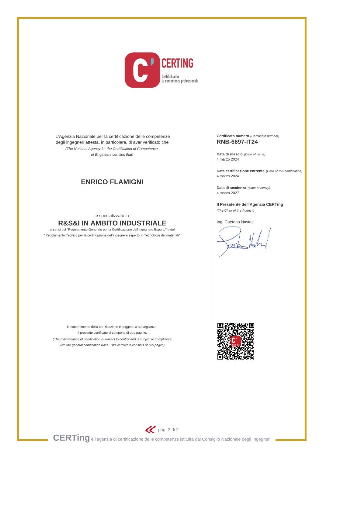 Certificato CERTing RSI Industriale - Ing. Enrico Flamigni